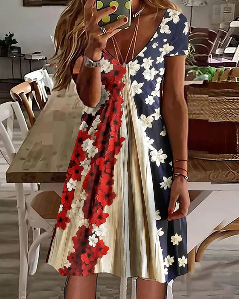 Navy Blue Red And White Contrast Floral Print V-Neck Short Sleeve Dress