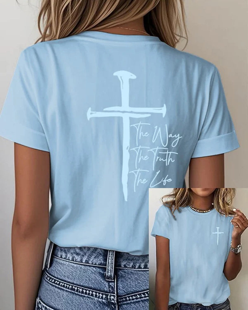 Front-and-back Printed Studded Cross The Way The Truth The Life Short-sleeve T-shirt