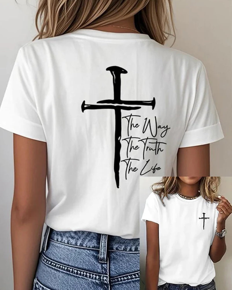 Front-and-back Printed Studded Cross The Way The Truth The Life Short-sleeve T-shirt