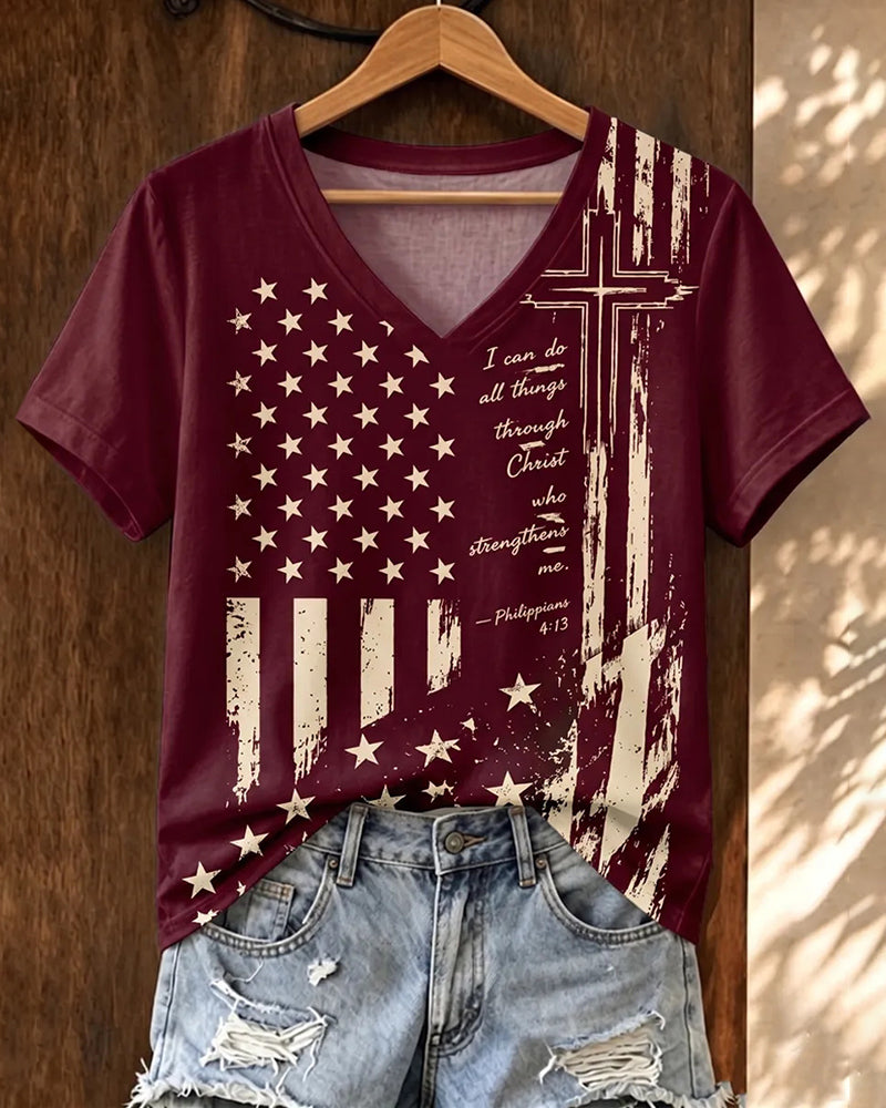 Burgundy American Flag Verse Cross Printed V-Neck Loose Short Sleeve Tee