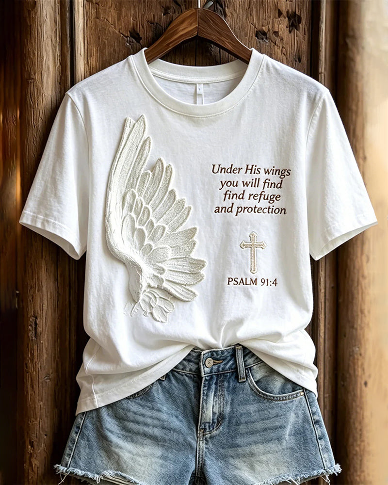 Unilateral Wings Cross Psalm Letter Print Casual Short Sleeve Tee