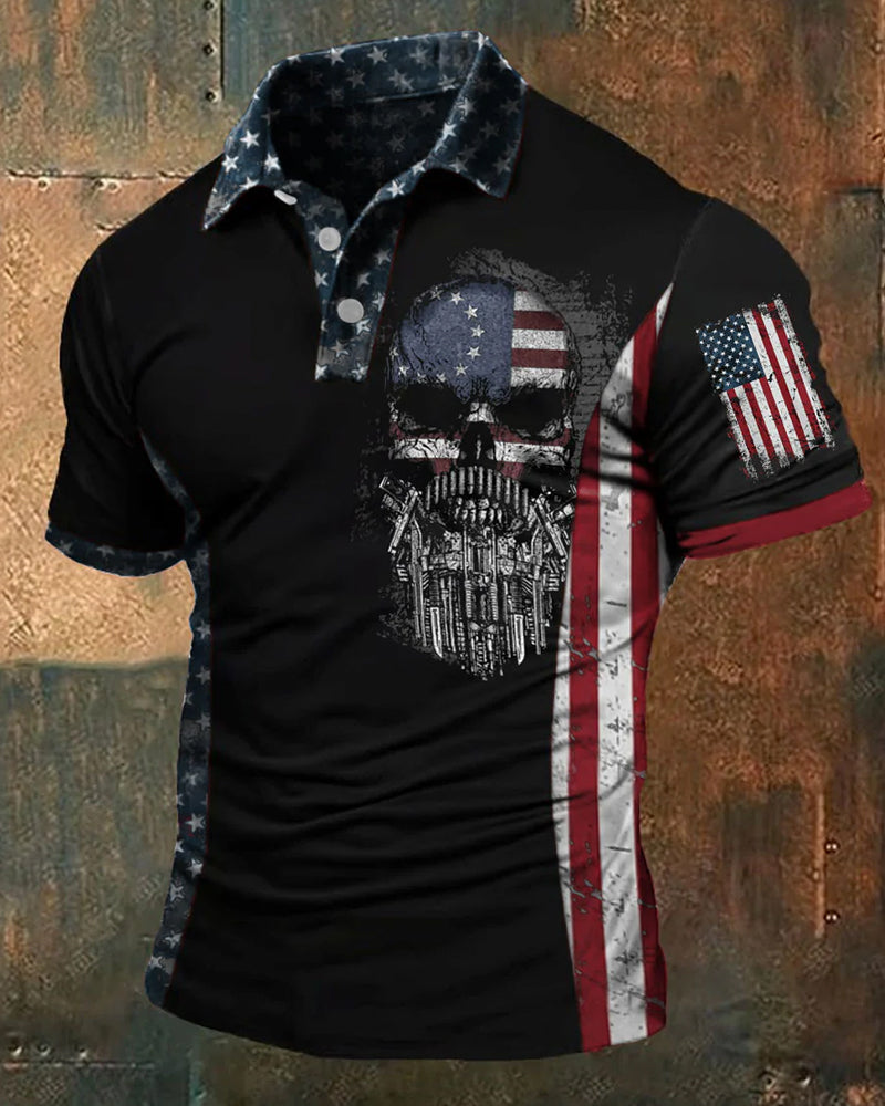 Old Skull Firearms Flag Stitching Short Sleeve Polo Shirt