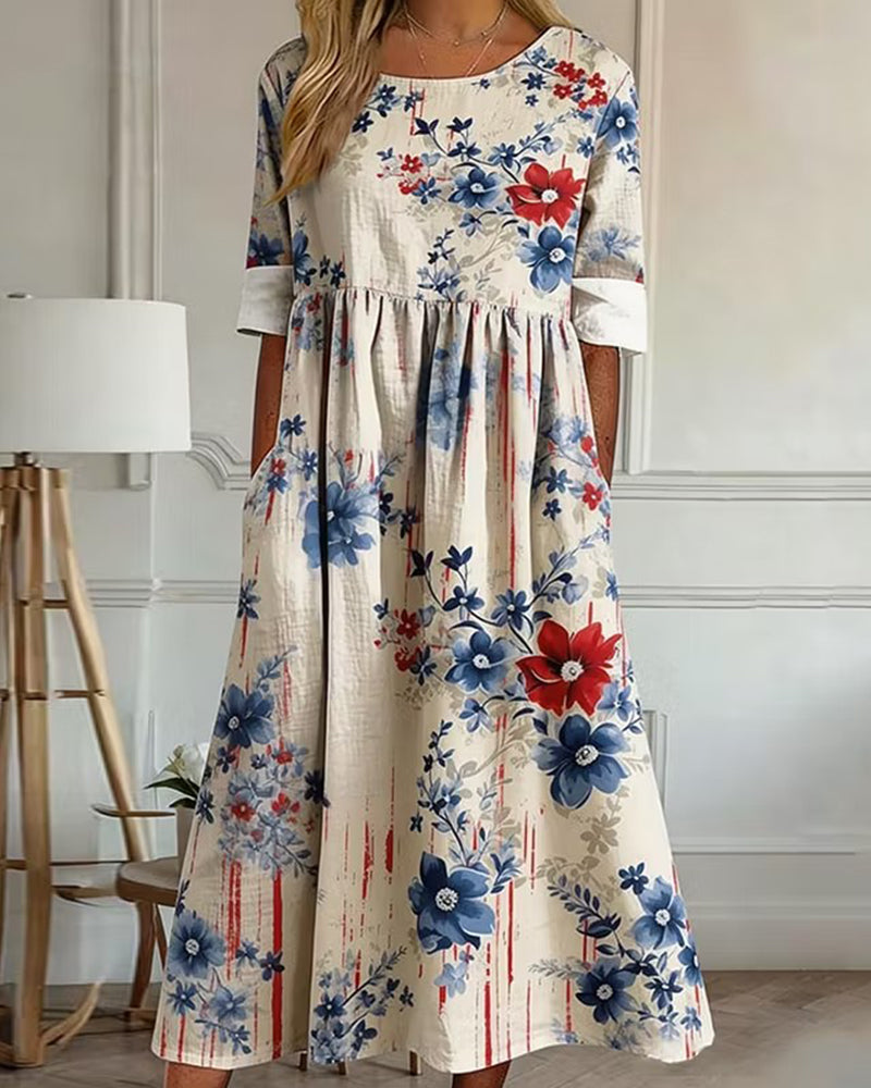 Rice-bottomed Red And Blue Floral Printed Round Neck Cropped Sleeve Dress