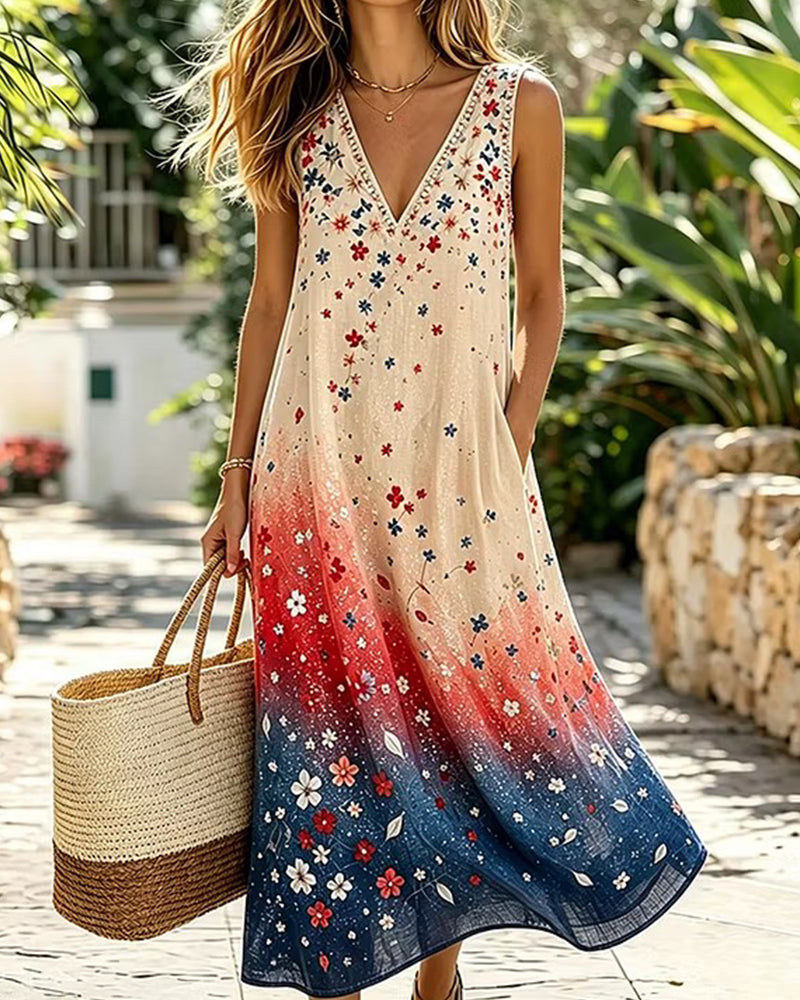 Red, White And Blue Gradient Floral V-neck Sleeveless A- Line Dress
