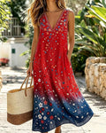 Red, White And Blue Gradient Floral V-neck Sleeveless A- Line Dress