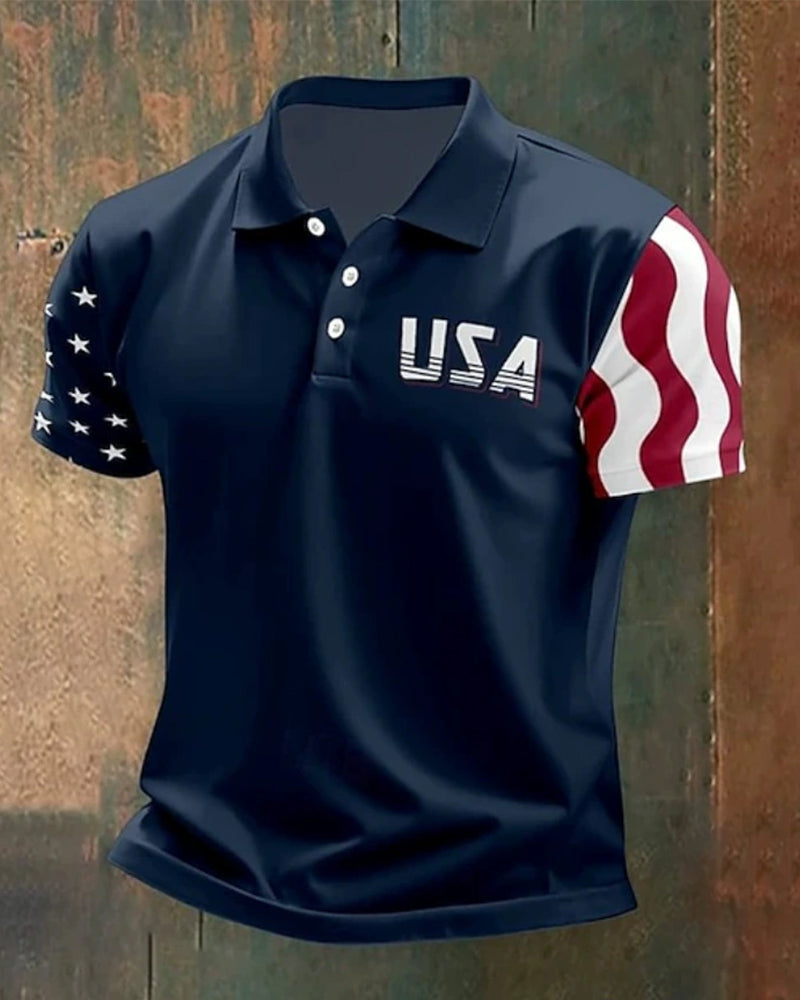 Navy Blue USA Stripe Sleeve Casual Polo Shirt