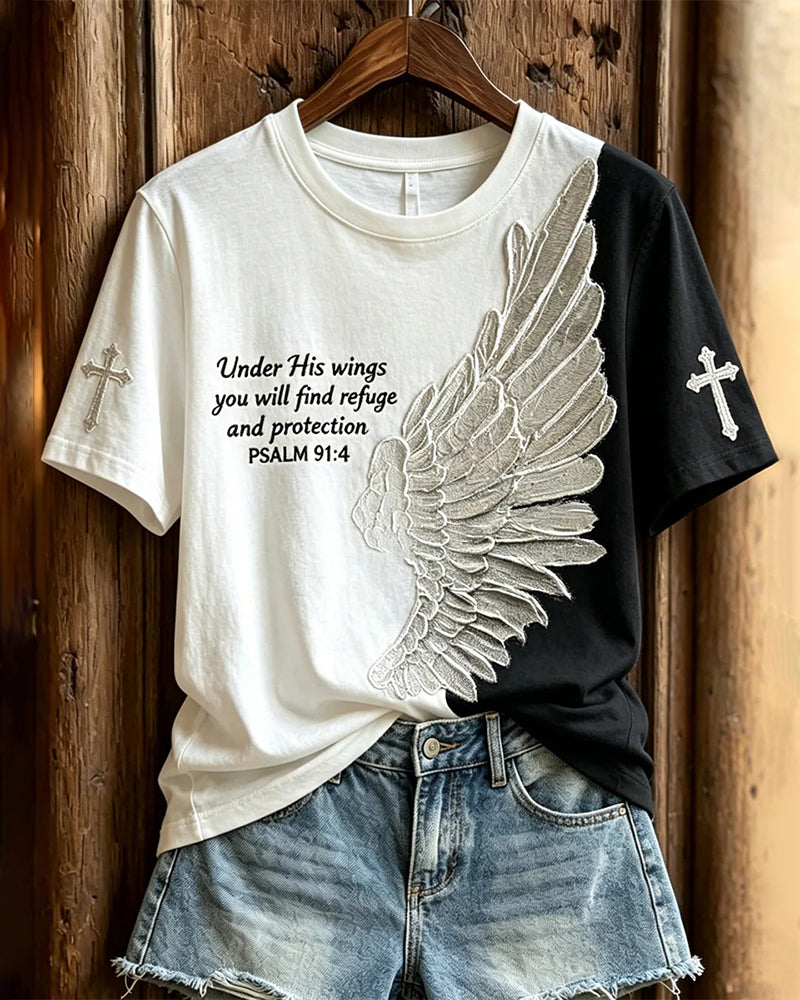 Black And White Contrast Big Wings Cross English Slogan Loose Round Neck Short Sleeve T-shirt
