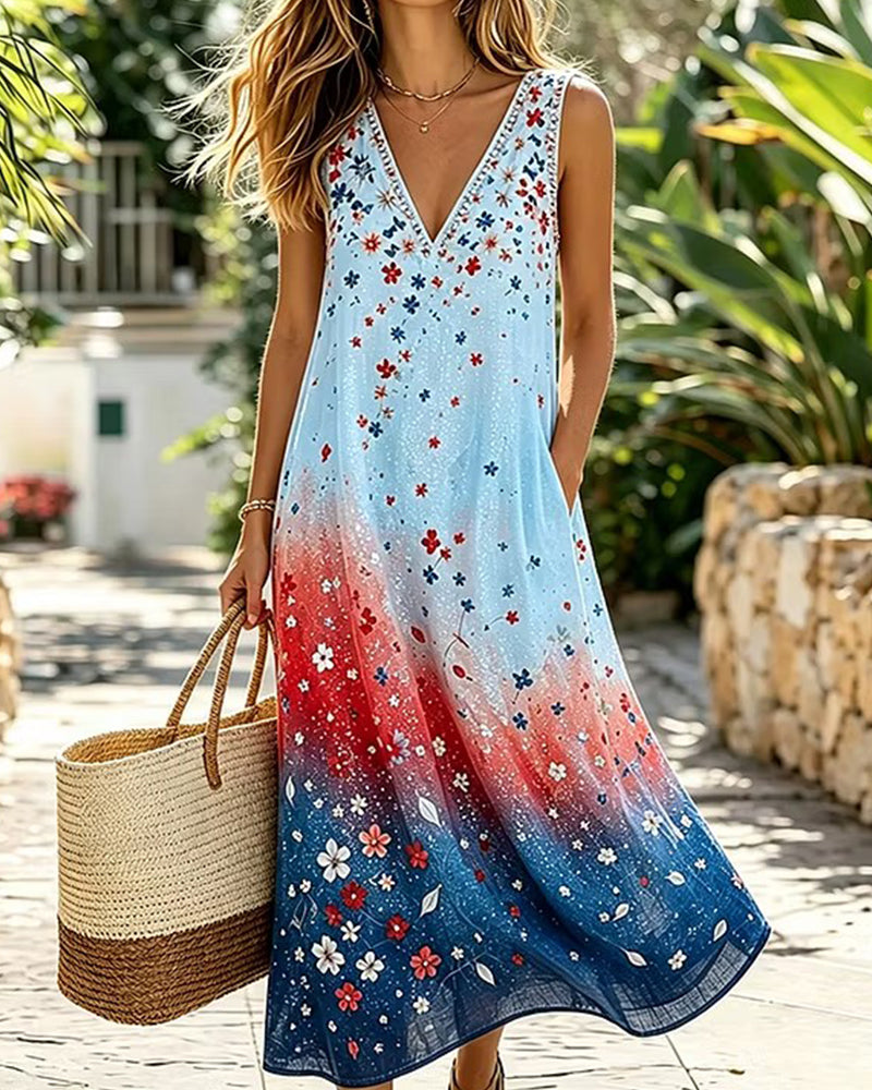 Red, White And Blue Gradient Floral V-neck Sleeveless A- Line Dress