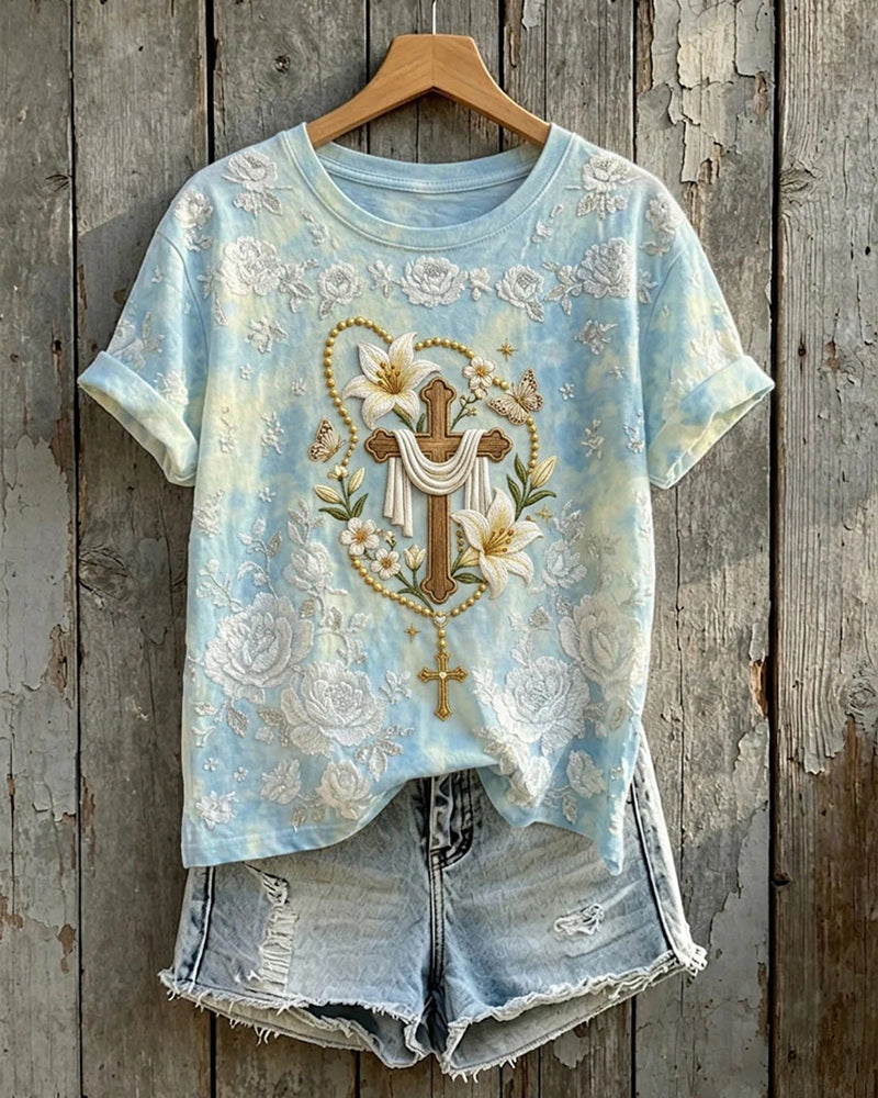 Light Blue Bottom Dark Floral Lily Butterfly Cross Printed Round Neck Short Sleeve T-Shirt