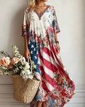 Flag Floral Patchwork Printed V-Neck Loose Large Swing Dress