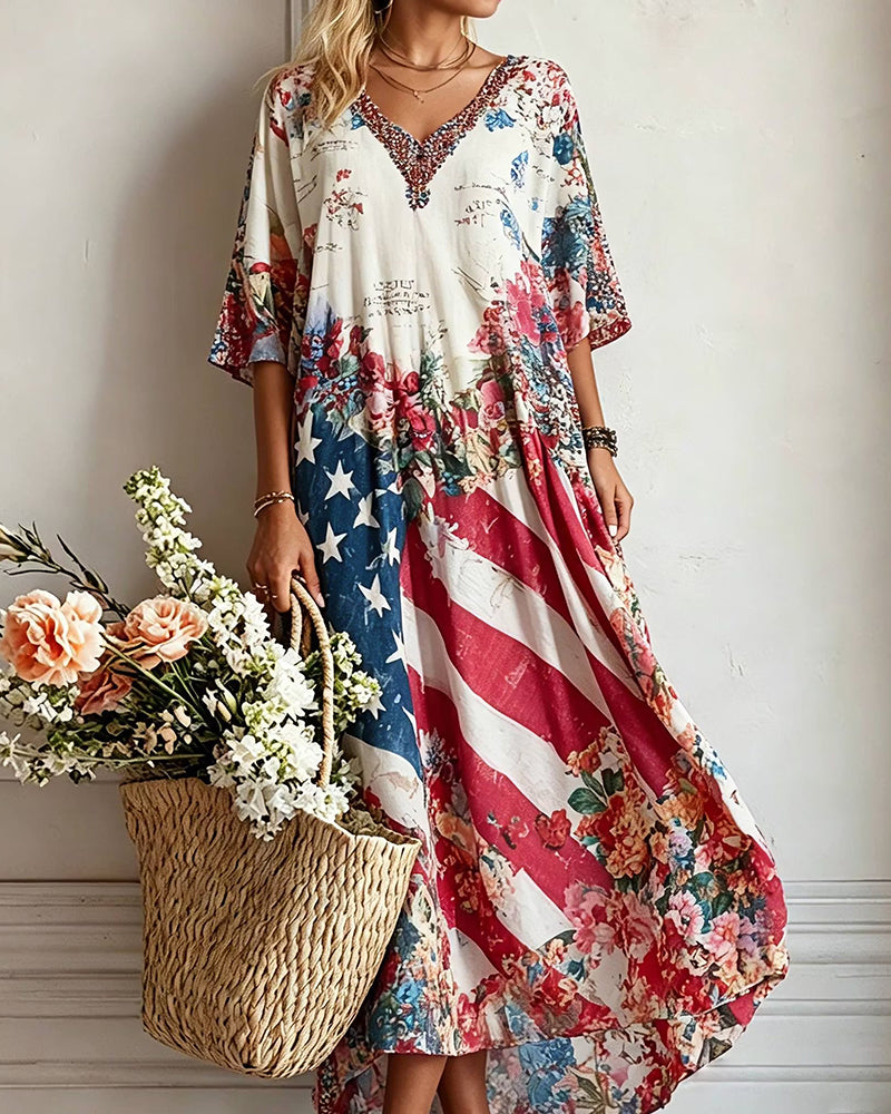 Flag Floral Patchwork Printed V-Neck Loose Large Swing Dress