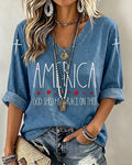 Retro GOD SHED HIS GRACE ON THEE Print V-neck Half Sleeved Loose Top
