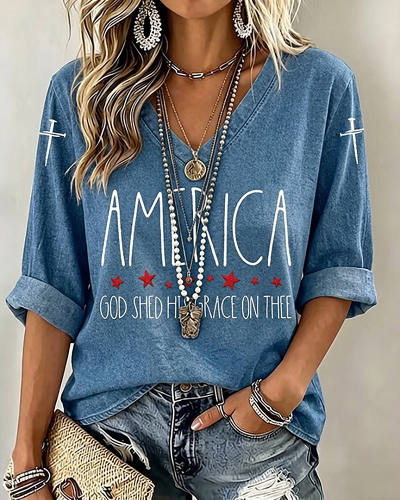 Retro GOD SHED HIS GRACE ON THEE Print V-neck Half Sleeved Loose Top