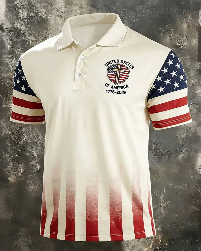 Beige Gradient Star-stripe Cross Eagle Commemorative Polo Shirt
