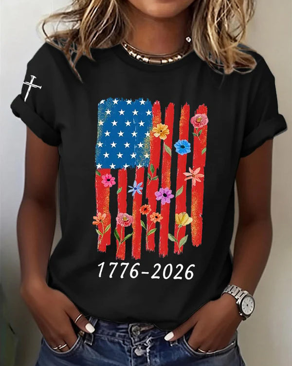 100% Cotton American Flag Flowers Crew Neck Short Sleeve Tshirt