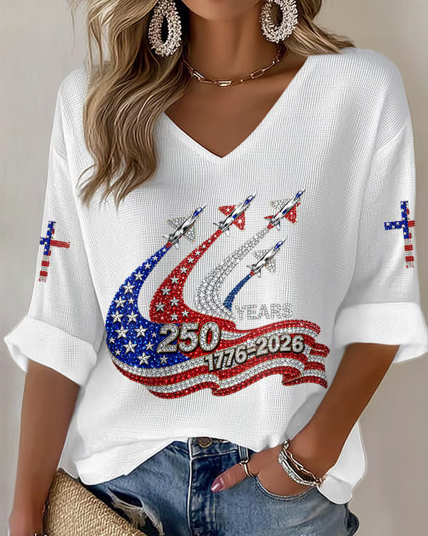 Women's American 250th Anniversary Cotton Linen Print V-neck Half Sleeved Loose Top