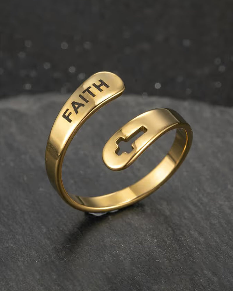 Cross Double Layer Faith Letter Ring Opening Adjustable