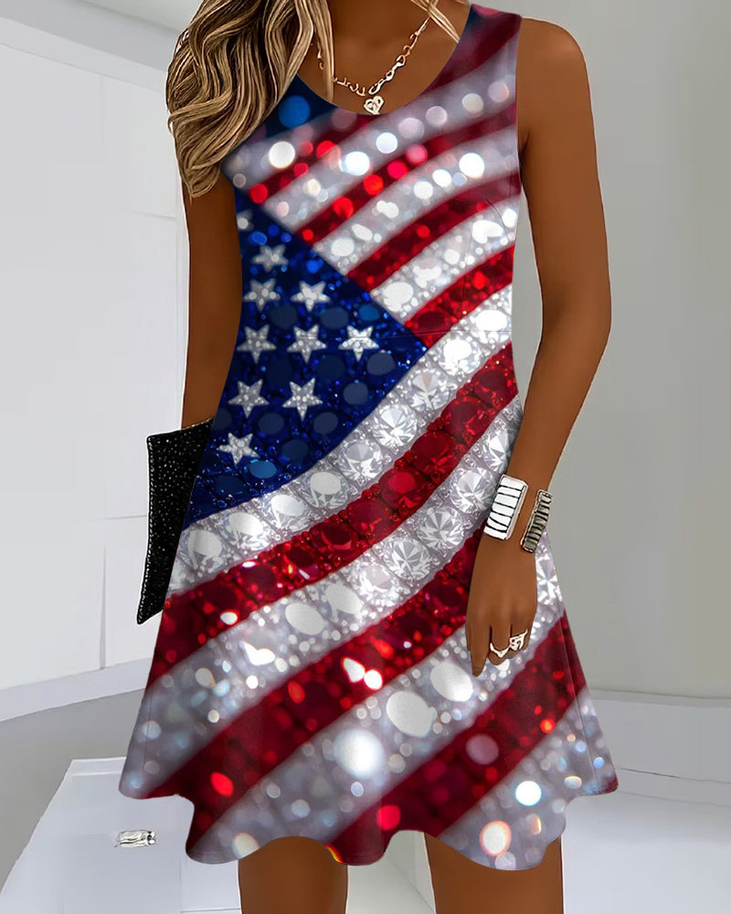 Diamond Flag Print Round Neck Sleeveless Mini Casual Dress