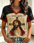 Contrast Color Stitching JESUS SAVES Pixel Print Women's V-neck Short Sleeve T-shirt