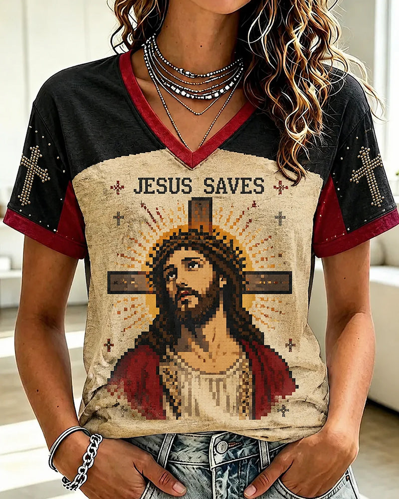 Contrast Color Stitching JESUS SAVES Pixel Print Women's V-neck Short Sleeve T-shirt