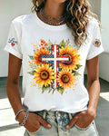 American Flag Cross Sunflower Cuff Love Printed Round Neck Short Sleeve T-Shirt