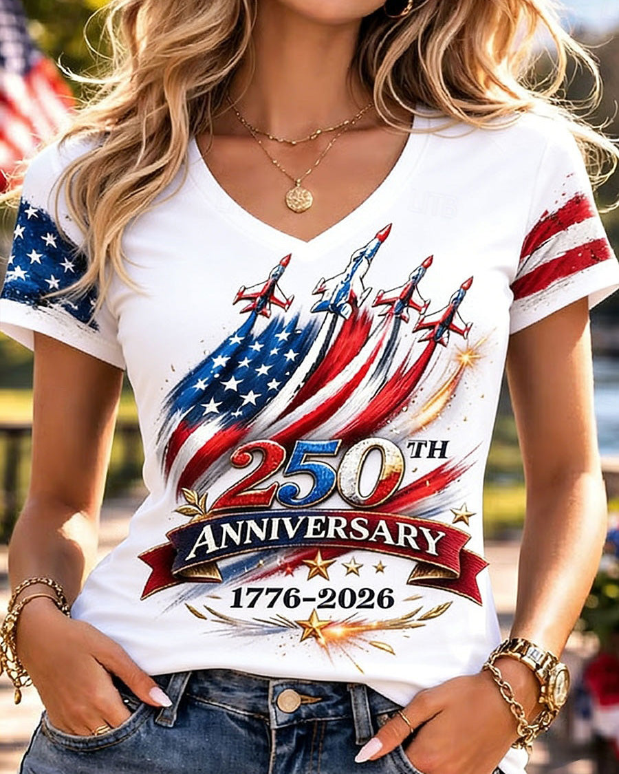 Spaceship Celebrating 250th Anniversary Print V-neck Short Sleeve Tshirt