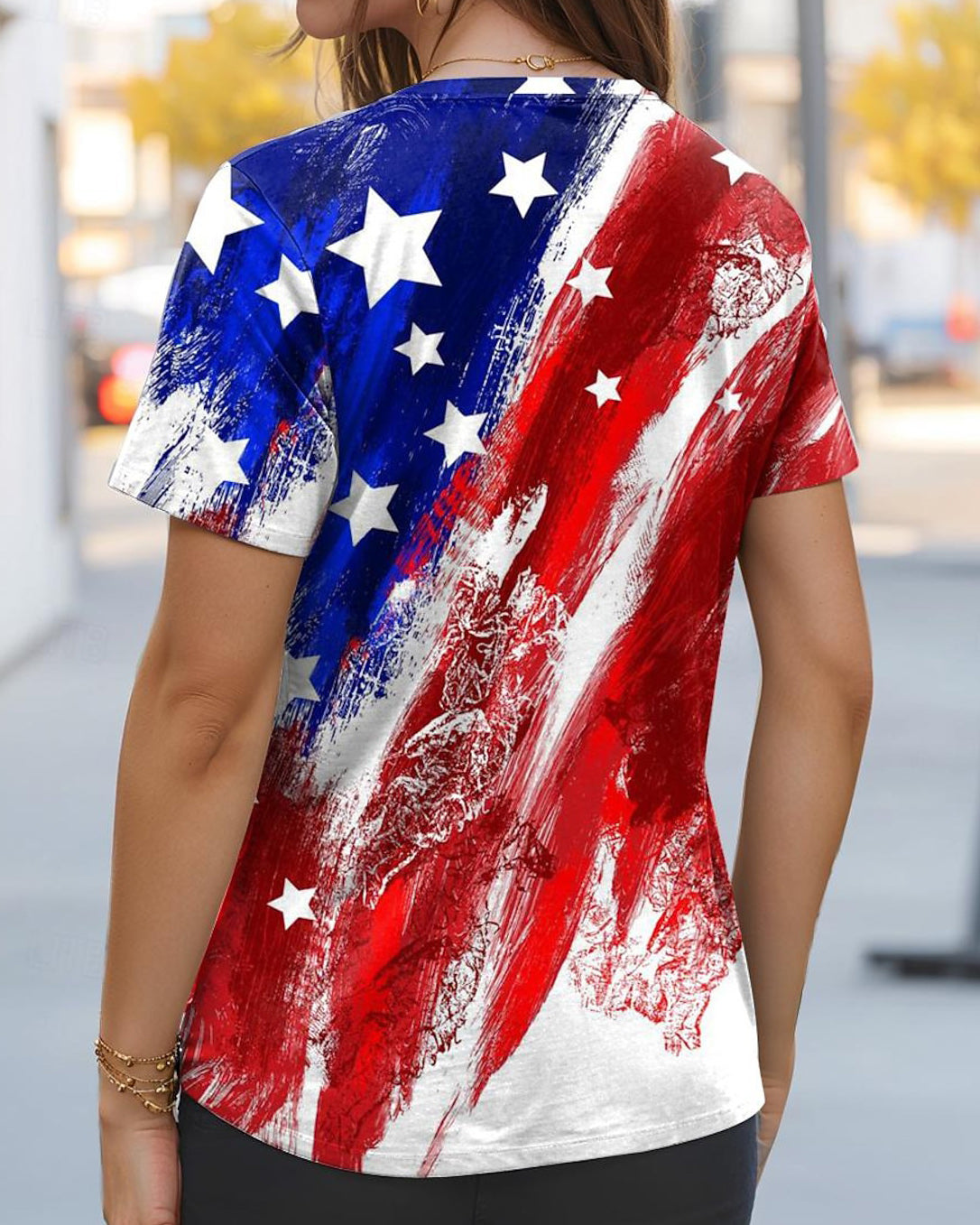 250th Anniversary Flag Graffiti Print V-neck Short Sleeve Tshirt