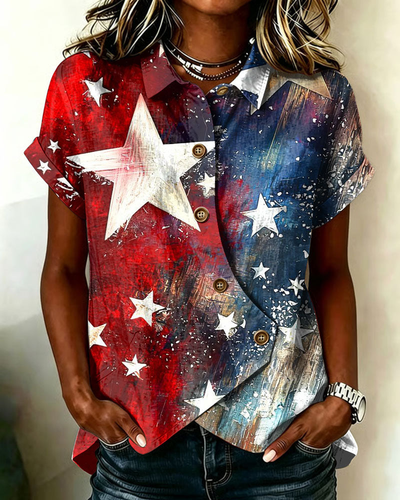Retro Graffiti Stars Print Lapel Button-Down Short-Sleeved Shirt