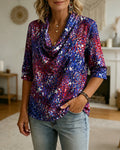 Red Blue White Star Dot Print Swing Collar Sleeve Casual Shirt
