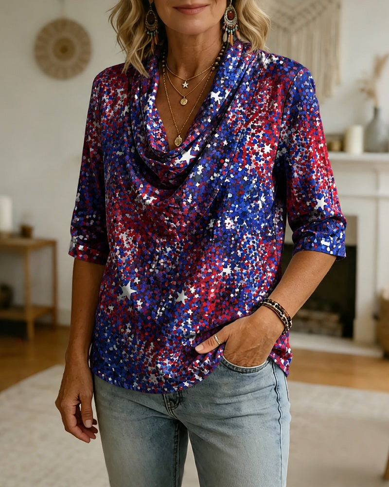 Red Blue White Star Dot Print Swing Collar Sleeve Casual Shirt