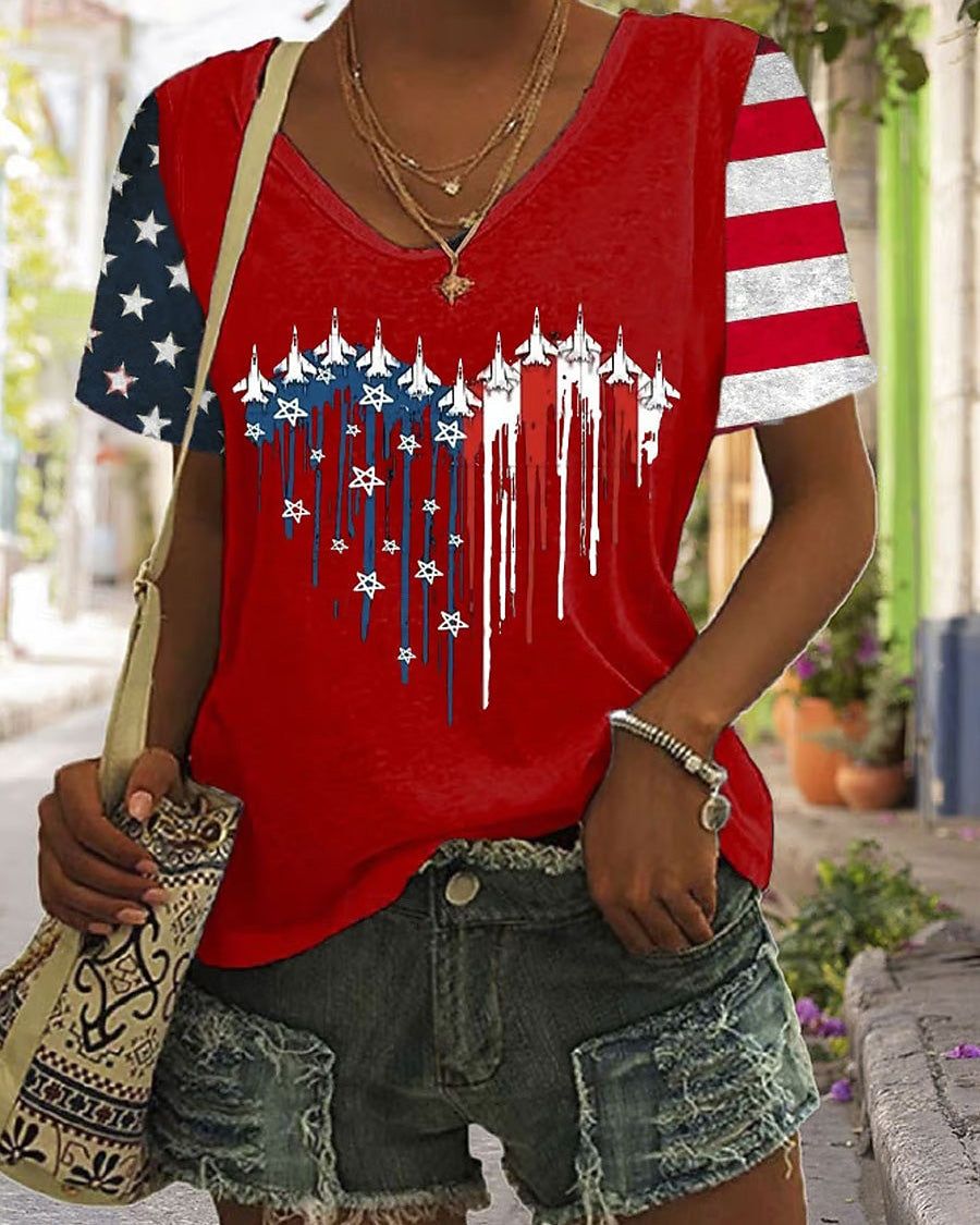 National Flag Spaceship Heart Print V-neck Short Sleeve Tshirt