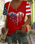 National Flag Spaceship Heart Print V-neck Short Sleeve Tshirt