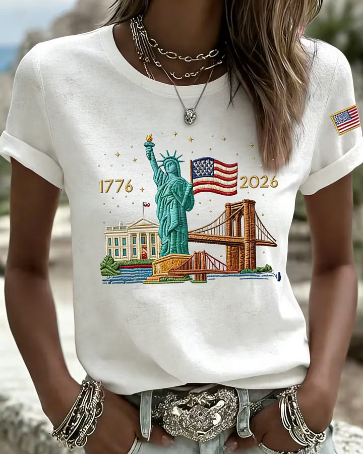 100% Cotton 250th Anniversary Statue of Liberty Print Crew Neck Short Sleeve Tshirt