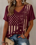 Burgundy American Flag Verse Cross Printed V-Neck Loose Short Sleeve Tee