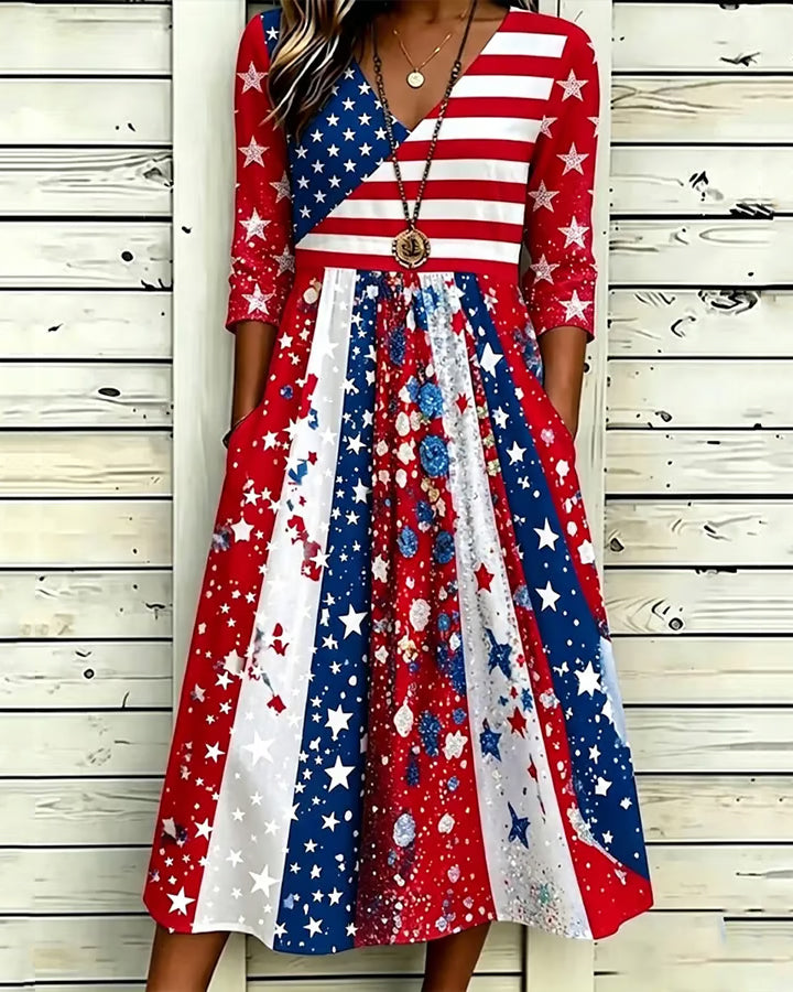American Flag Polka Dot Oil Painting Pocket Casual Dress