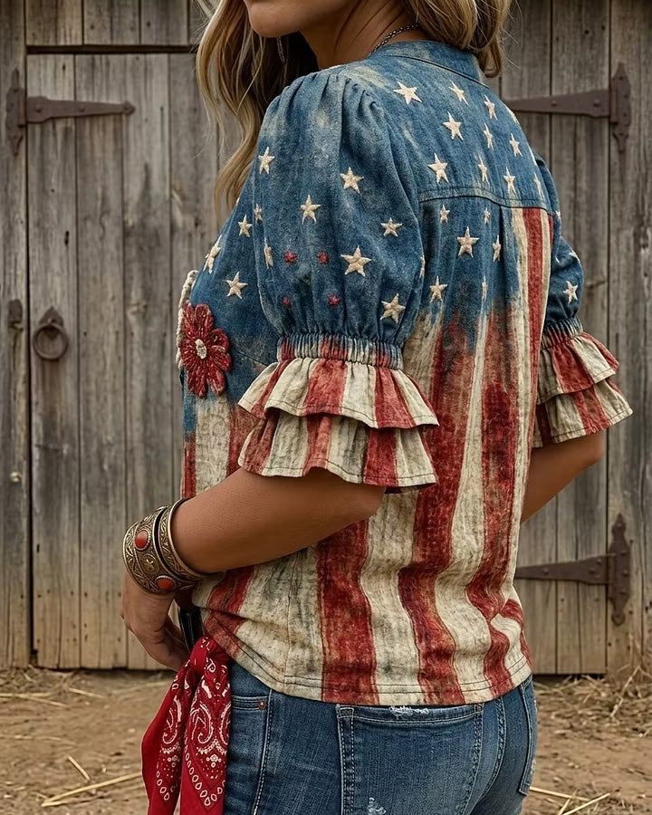 Vintage American Flag Art Print V-neck Puff Sleeve Ruffle Shirt