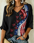 Women'S V-Neck Flag Striped Butterfly Half Sleeved Loose Top