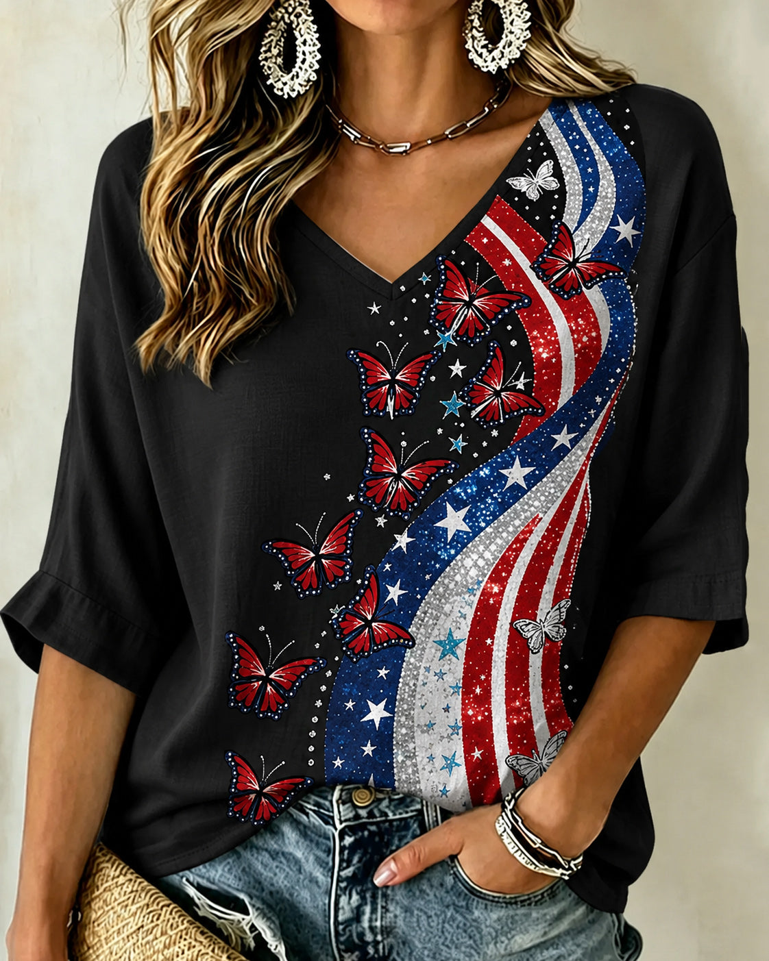 Women'S V-Neck Flag Striped Butterfly Half Sleeved Loose Top