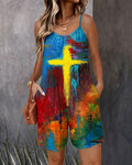 Watercolor Graffiti Cross Print Sleeveless Cami Short Jumpsuit With Side Pockets