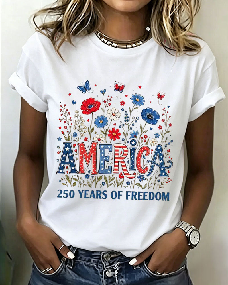 100% Cotton America 250 Years USA Floral Birthday Crew Neck Short Sleeve Tshirt