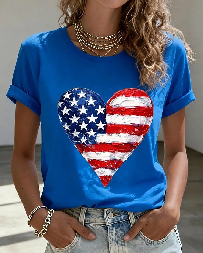 100% Cotton National Flag Heart Crew Neck Short Sleeve Tshirt