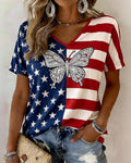 American Flag Striped Rhinestone Butterfly Print V-Neck Short Sleeve Tee
