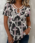 Leopard Print Pink Diamond Crystal Cross Print Cutout Short Sleeve Tee