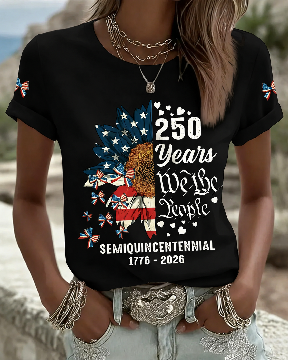 100% Cotton250th Anniversary Sunflower Print Crew Neck Short Sleeve Tshirt