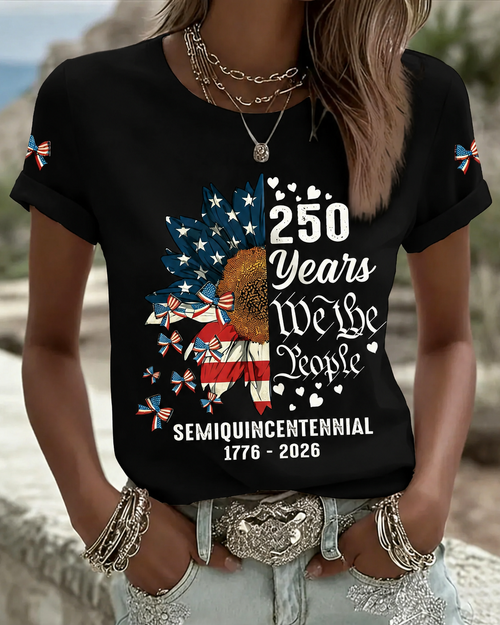 100% Cotton250th Anniversary Sunflower Print Crew Neck Short Sleeve Tshirt