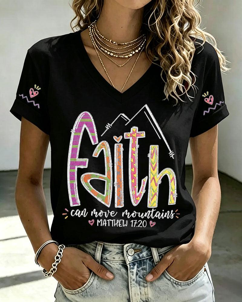 100% Cotton Faith Can Move Mountains V Neck Short Sleeve Tshirt