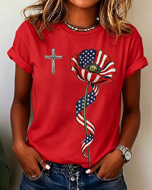 100% Cotton National Flag Morning Glory Crew Neck Short Sleeve Tshirt