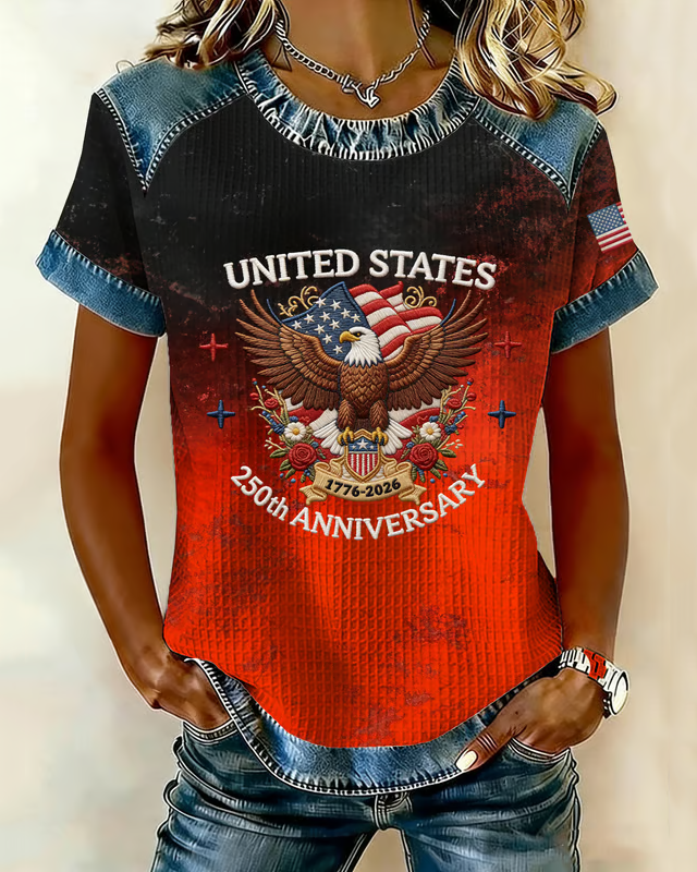 Crew Neck 250th Anniversary American Denim Printed Short-sleeved T-shirt