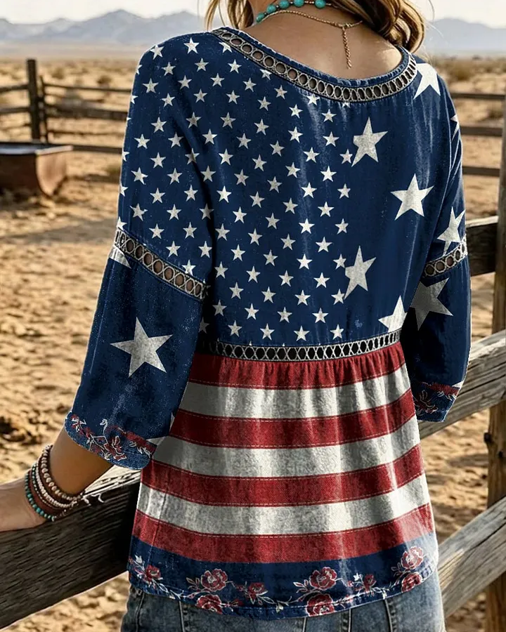 Retro American Flag Print Round Neck Blouse