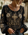 Jesus Saves Amazing Grace Print Round Neck Puff Sleeves Blouse